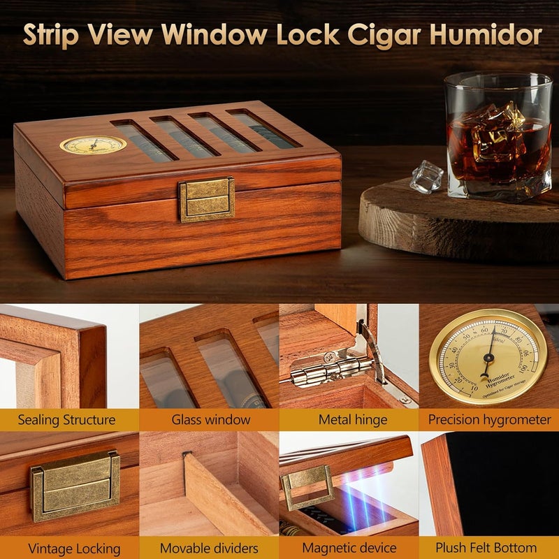SEMKONT Cigar Humidor, Antique Locking Cedar Wood Desktop Cigar Case, Strip View Window Glass Top Cigar Storage Case,with Humidifier and Hygrometer,Hold 20-25 Cigars - Image 3